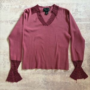 Mauve crochet trim silk ribbed knit blouse size large